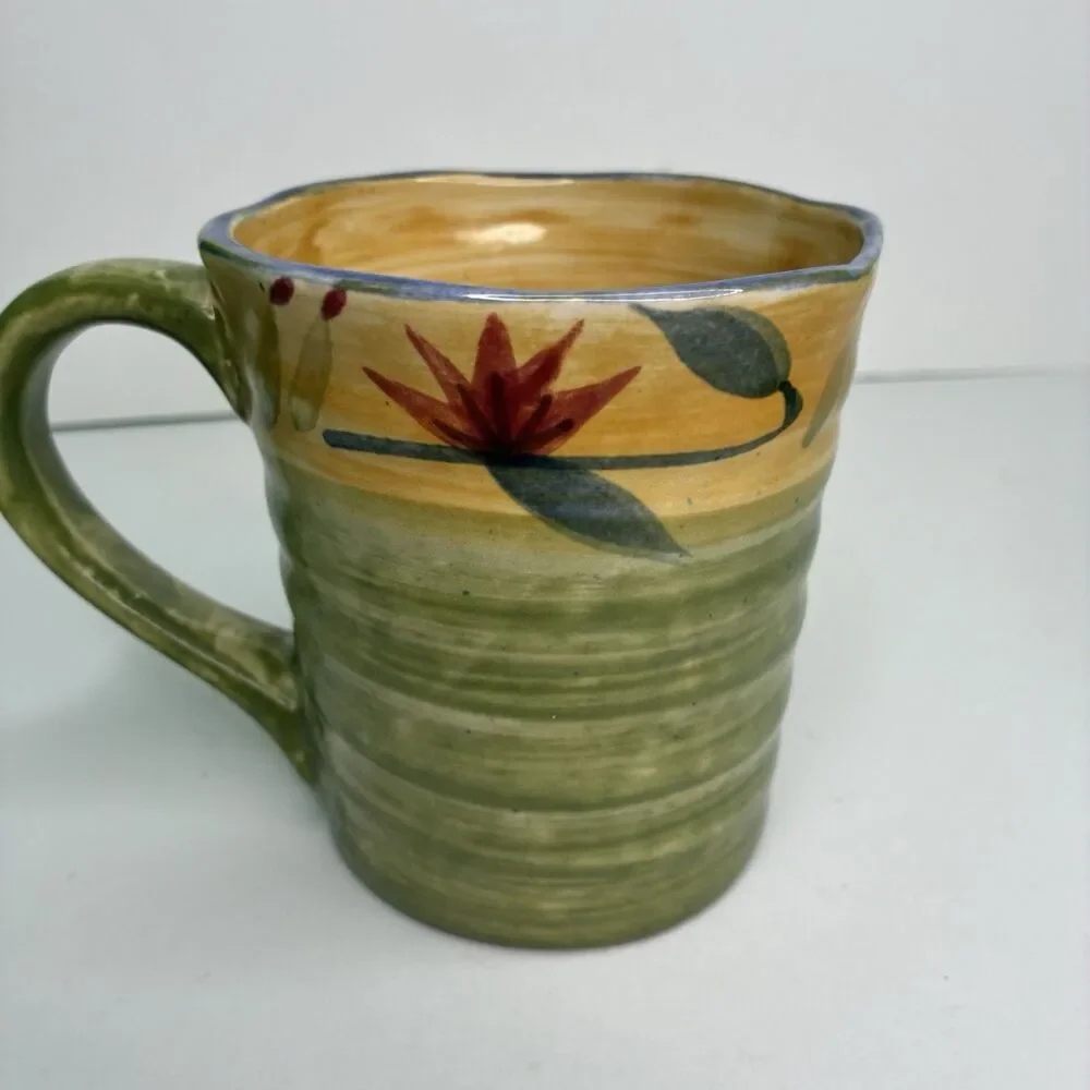 Pier 1 Elizabeth Hand Painted Stoneware Floral Green Blue Red Mugs Set Of 3